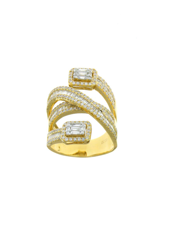 Anillo cruzado de diamantes con cabezas cuadradas